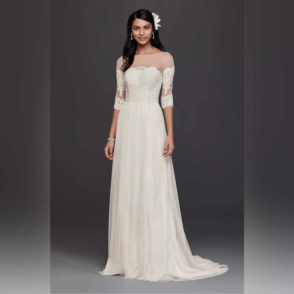 Galina Size 4P Ivory Wedding Dress with Illusion bodice and Lace Sleeves STYLE#